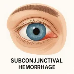 Illustrated close-up of human eye with a subconjunctival hemorrhage, showing red patch on the sclera to explain broken blood vessel in eye.