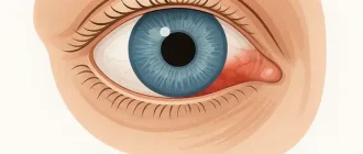 Illustrated close-up of human eye with a subconjunctival hemorrhage, showing red patch on the sclera to explain broken blood vessel in eye.