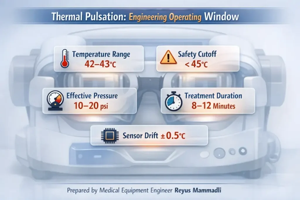 Technical infographic showing thermal pulsation operating parameters for dry eye treatment, prepared by medical equipment engineer Reyus Mammadli.