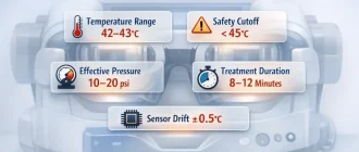 Technical infographic showing thermal pulsation operating parameters for dry eye treatment, prepared by medical equipment engineer Reyus Mammadli.