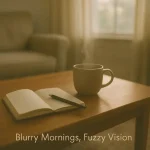 Blurry morning vision concept with coffee cup, planner, and pen on a wooden table in soft natural light