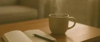 Blurry morning vision concept with coffee cup, planner, and pen on a wooden table in soft natural light