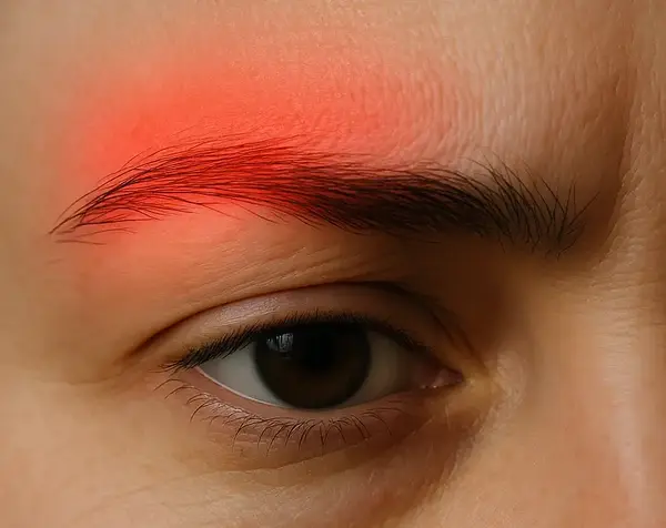 Close-up of the left eye showing redness and glowing pain above the brow, illustrating pain above left eye often linked to headache or sinus pressure.