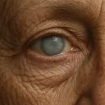 Elderly eye close-up showing mild age-related vision changes