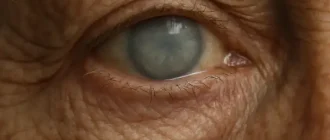 Elderly eye close-up showing mild age-related vision changes