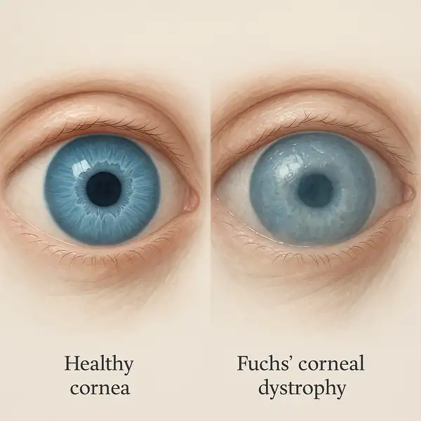 Illustration depicting the progressive damage to the cornea in Fuchs' dystrophy, demonstrating the transition from healthy transparency to severe corneal clouding and thickening.
