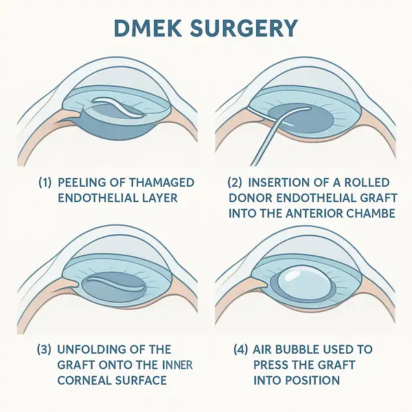 Simplified illustration of the DMEK surgical process used to treat Fuchs' corneal dystrophy by replacing the damaged corneal endothelium with a healthy donor layer.