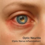 Close-up of a human eye showing mild redness and swelling, visual representation of optic neuritis and optic nerve inflammation.