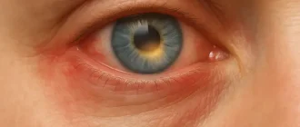 Close-up of a human eye showing mild redness and swelling, visual representation of optic neuritis and optic nerve inflammation.