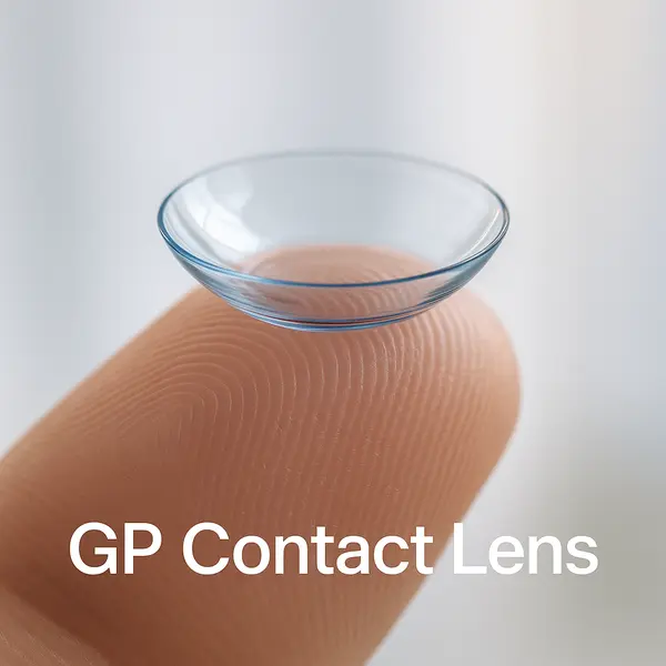 rigid gas permeable contact lens on fingertip for vision correction and corneal health