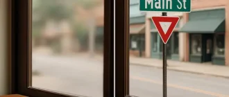 Side-by-side view comparing blurry nearsighted vision with sharp normal vision through a city window scene.