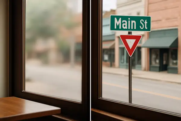Side-by-side view comparing blurry nearsighted vision with sharp normal vision through a city window scene.