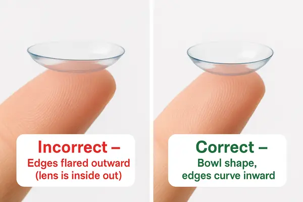 Side-by-side comparison of incorrect and correct contact lens positions on fingertips: left lens is inside out with flared edges like a dish — unsafe for wear; right lens forms a proper bowl shape with edges curved inward — ready for safe insertion.