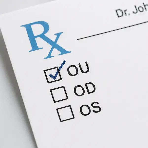 An ophthalmology prescription concept illustrating the meaning of the medical abbreviation “OU,” which refers to both eyes in clinical documentation and eye care terminology.