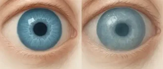 Visual comparison showing the loss of corneal clarity and swelling caused by Fuchs' corneal dystrophy, highlighting how endothelial cell failure leads to vision impairment.