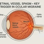 Medical illustration of retinal vessel spasm in ocular migraine showing narrowed arteries in the retina, migraine visual trigger concept.