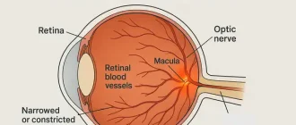 Medical illustration of retinal vessel spasm in ocular migraine showing narrowed arteries in the retina, migraine visual trigger concept.