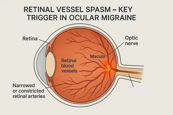 Medical illustration of retinal vessel spasm in ocular migraine showing narrowed arteries in the retina, migraine visual trigger concept.
