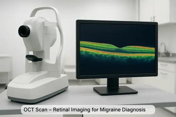 OCT diagnostic equipment and retinal scan image used in ocular migraine evaluation and visual symptom analysis.