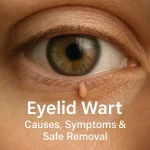 Close-up of a human eye with a filiform wart on the eyelid, showing realistic skin detail and location of the growth near lashes