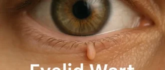Close-up of a human eye with a filiform wart on the eyelid, showing realistic skin detail and location of the growth near lashes