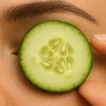 Close-up of a woman's right eye with a fresh cucumber slice placed on it to reduce puffiness naturally