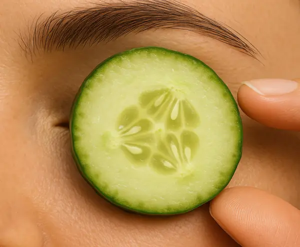 Close-up of a woman's right eye with a fresh cucumber slice placed on it to reduce puffiness naturally