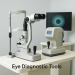 Square infographic of ophthalmology diagnostic equipment including slit lamp and tonometer, used for eye exams, glaucoma testing, and blurred vision diagnosis.