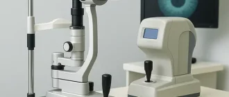 Square infographic of ophthalmology diagnostic equipment including slit lamp and tonometer, used for eye exams, glaucoma testing, and blurred vision diagnosis.