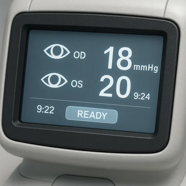 Digital tonometer screen displaying eye pressure results in mmHg