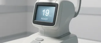 Modern ocular tonometry device on clinical surface for eye pressure testing