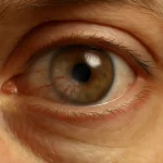 Close-up of human eye with corneal neovascularization, showing abnormal blood vessels growing into the cornea, early signs of eye disease and vision loss