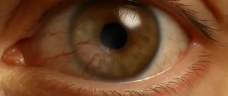 Close-up of human eye with corneal neovascularization, showing abnormal blood vessels growing into the cornea, early signs of eye disease and vision loss