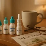 Eye drop medications for dry eye treatment, including Restasis, Xiidra, and Tyrvaya, arranged on a home table with reading glasses.