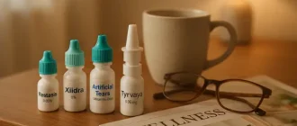 Eye drop medications for dry eye treatment, including Restasis, Xiidra, and Tyrvaya, arranged on a home table with reading glasses.