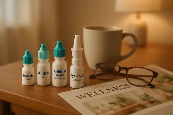 Eye drop medications for dry eye treatment, including Restasis, Xiidra, and Tyrvaya, arranged on a home table with reading glasses.