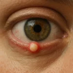Close-up of a human eye with phlyctenulosis showing a red inflamed limbus and small yellow nodule on the sclera