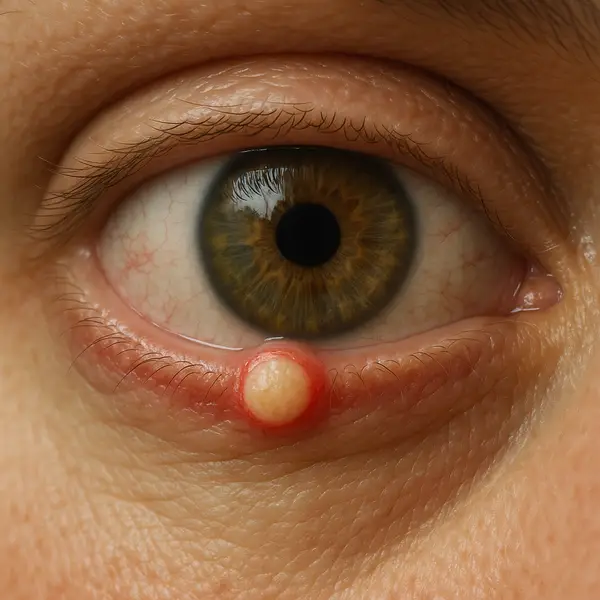 Close-up of a human eye with phlyctenulosis showing a red inflamed limbus and small yellow nodule on the sclera