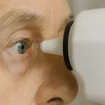Close-up of an elderly person’s eye being examined with a tonometer during intraocular pressure measurement, medical diagnostic scene.