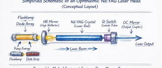 Conceptual schematic of an ophthalmic Nd:YAG laser head showing pump source, crystal, Q-switch, and resonator mirrors.