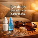 Eye drops and protective sunglasses for light sensitivity relief on a warm wooden table