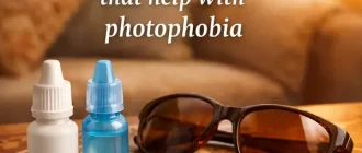 Eye drops and protective sunglasses for light sensitivity relief on a warm wooden table