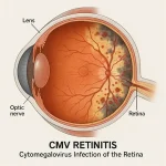 Anatomical illustration of the human eye showing cytomegalovirus (CMV) retinitis, with one side displaying a healthy retina and the other side affected by retinal necrosis and hemorrhage—highlighting how CMV infection can cause vision loss in immunocompromised patients.