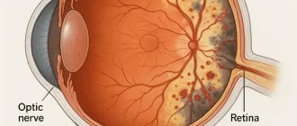 Anatomical illustration of the human eye showing cytomegalovirus (CMV) retinitis, with one side displaying a healthy retina and the other side affected by retinal necrosis and hemorrhage—highlighting how CMV infection can cause vision loss in immunocompromised patients.