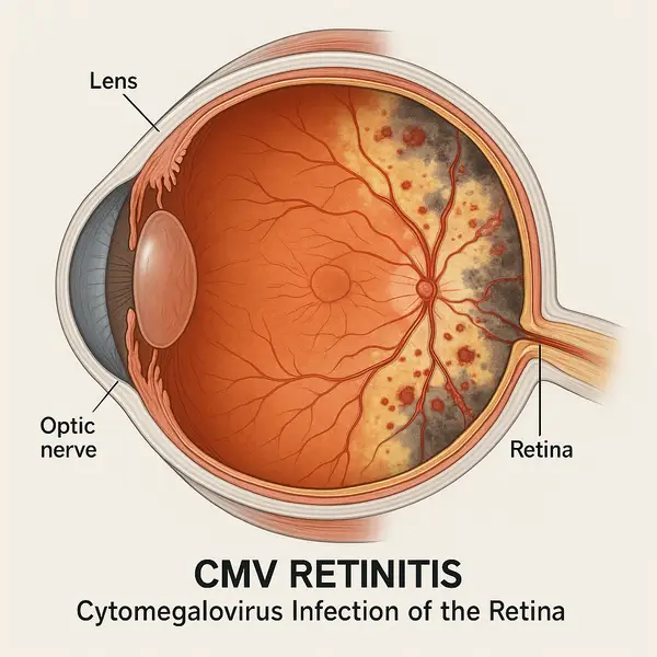 Anatomical illustration of the human eye showing cytomegalovirus (CMV) retinitis, with one side displaying a healthy retina and the other side affected by retinal necrosis and hemorrhage—highlighting how CMV infection can cause vision loss in immunocompromised patients.