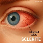 3D medical illustration of an eye with scleritis showing inflamed sclera, redness, and visible vessels