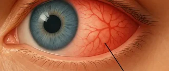 3D medical illustration of an eye with scleritis showing inflamed sclera, redness, and visible vessels