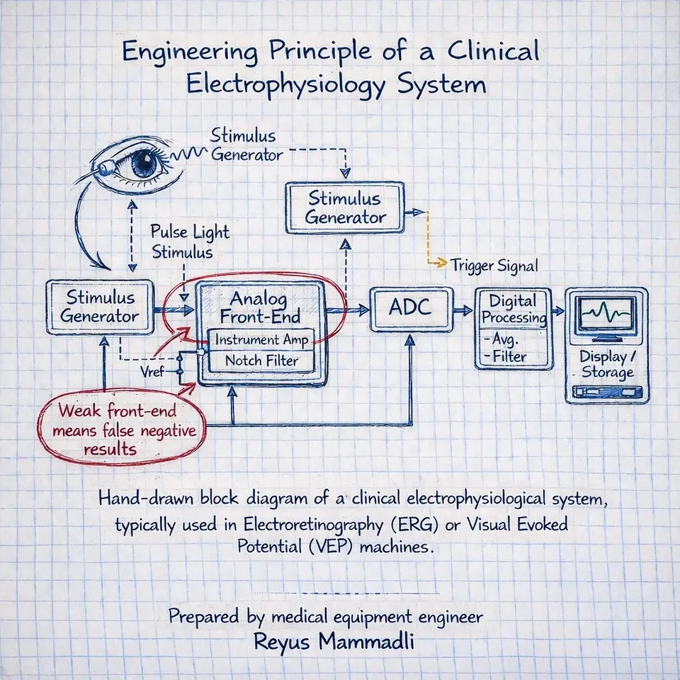 Hand-drawn engineering diagram of clinical electrophysiology system with Vref, explained by medical equipment engineer Reyus Mammadli