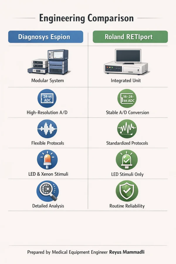 Engineering comparison of Diagnosys Espion and Roland RETIport, prepared by medical equipment engineer Reyus Mammadli