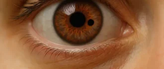 Example of pseudo-polycoria — a non-functional secondary pupil visible within the iris.